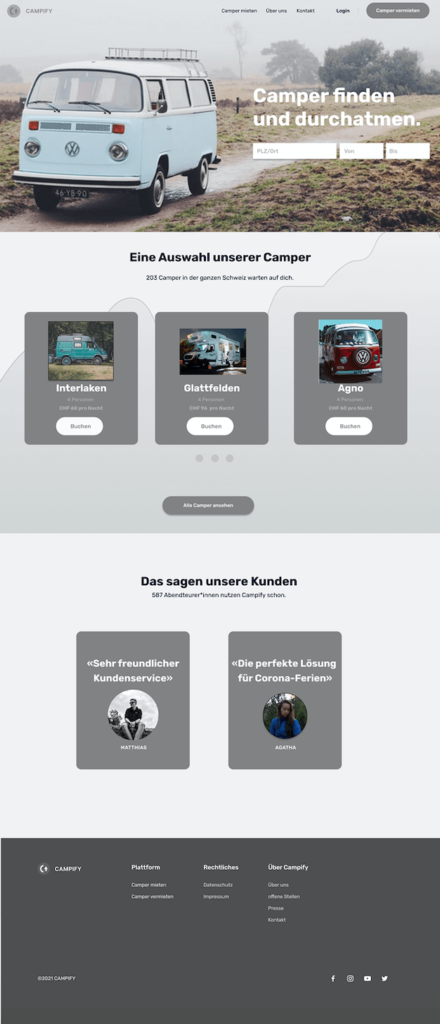 Mock-up der Startseite für Campify