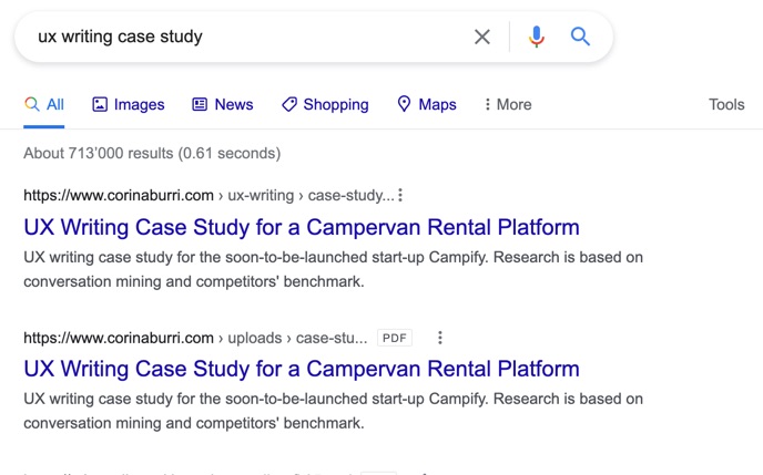 printscreen search result page ux writing case study