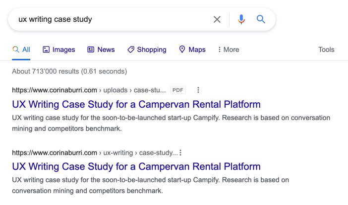 printscreen search result page ux writing case study