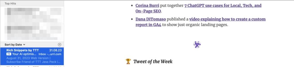 screenshot email rich snippets with mention corina burri