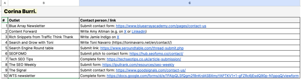 printscreen of table with seo outreach newsletters