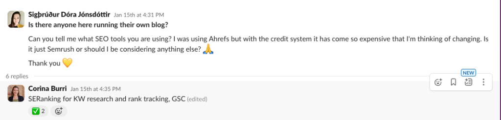 Screenshot einer Slack-Konversation über ein SEO-Tool